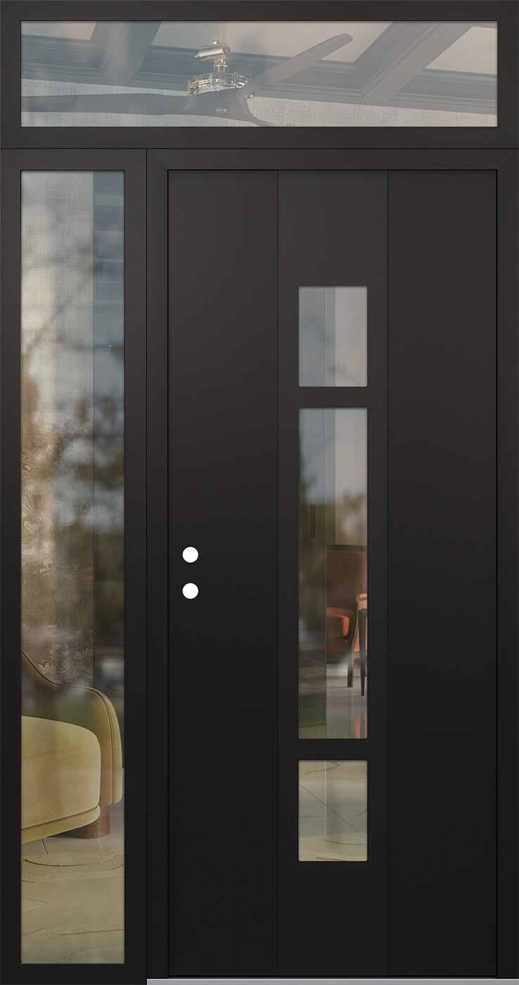 Modern Steel Front Door DIAMOND A9 50" X 96" BLACK/BLACK CLEAR GLASS PANEL BLACK RHI WITH SIDELITE AND TRANSOM CLEAR GLASS