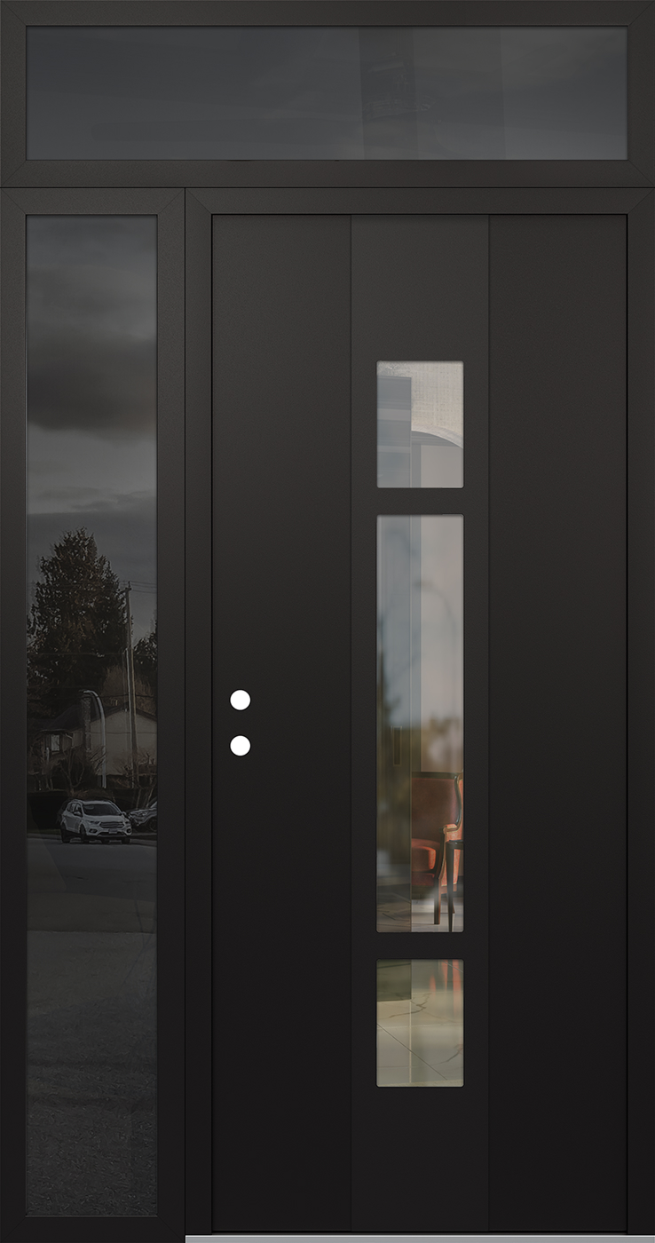 Modern Steel Front Door DIAMOND A9 50" X 96" BLACK/BLACK CLEAR GLASS PANEL BLACK RHI WITH SIDELITE AND TRANSOM MIRRORED GLASS