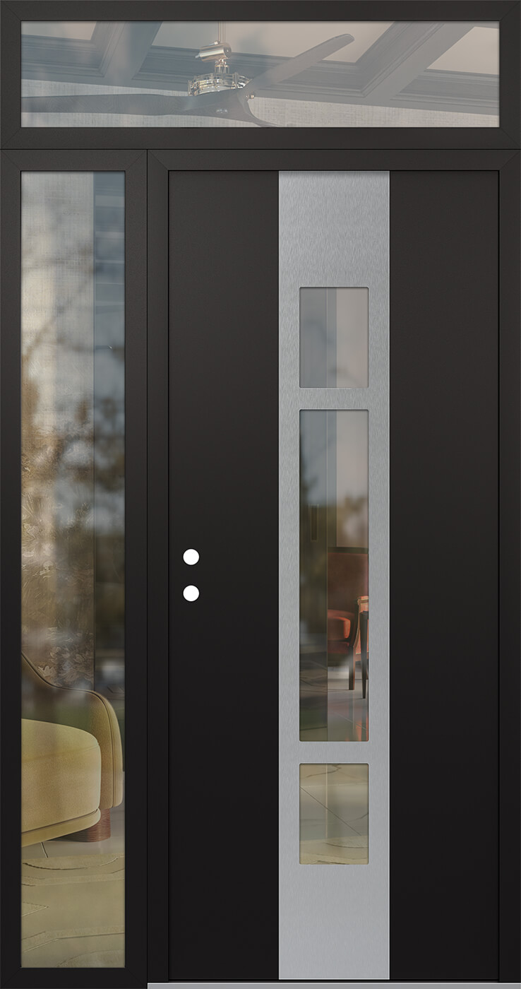 Modern Steel Front Door DIAMOND A9 50" X 96" BLACK/BLACK CLEAR GLASS PANEL STAINLESS STEEL RHI WITH SIDELITE AND TRANSOM CLEAR GLASS