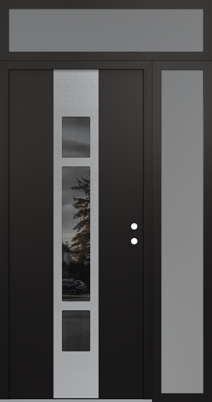 Modern Steel Front Door DIAMOND A9 50" X 96" BLACK/BLACK MIRRORED GLASS PANEL STAINLESS STEEL LHI WITH SIDELITE AND TRANSOM FROSTED GLASS