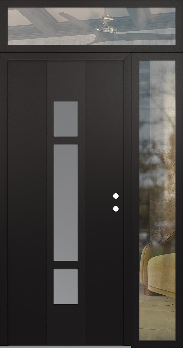 Modern Steel Front Door DIAMOND A9 50" X 96" BLACK/WHITE FROSTED GLASS PANEL BLACK LHI WITH SIDELITE AND TRANSOM CLEAR GLASS