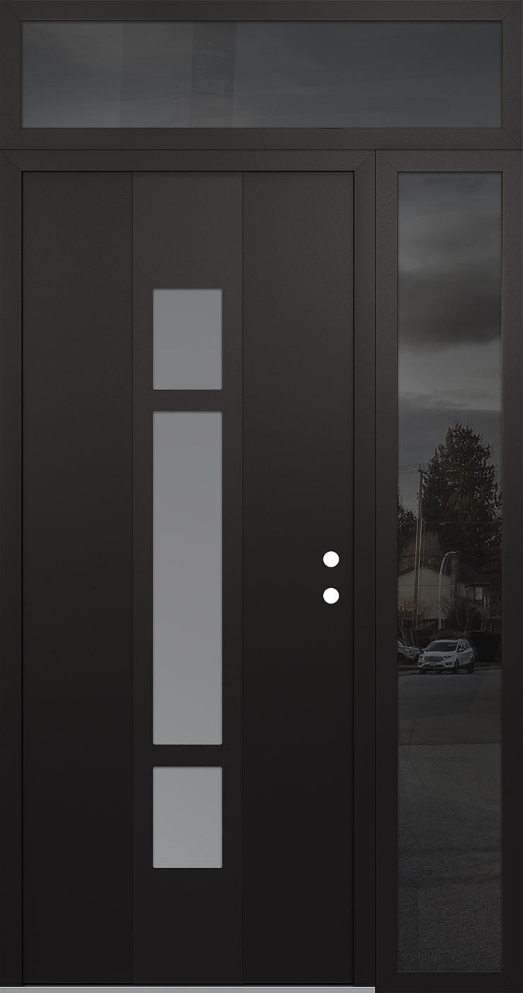 Modern Steel Front Door DIAMOND A9 50" X 96" BLACK/WHITE FROSTED GLASS PANEL BLACK LHI WITH SIDELITE AND TRANSOM MIRRORED GLASS