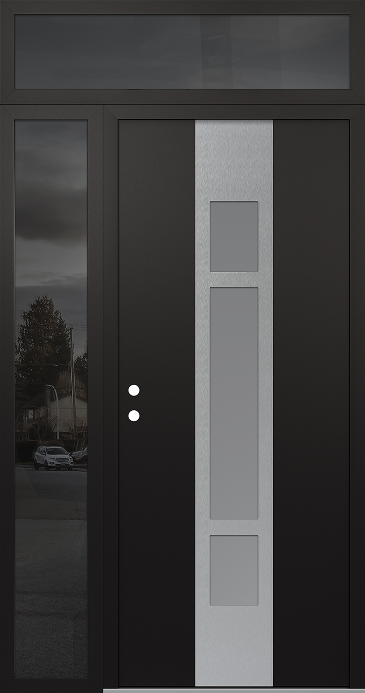 Modern Steel Front Door DIAMOND A9 50" X 96" BLACK/WHITE FROSTED GLASS PANEL STAINLESS STEEL RHI WITH SIDELITE AND TRANSOM MIRRORED GLASS