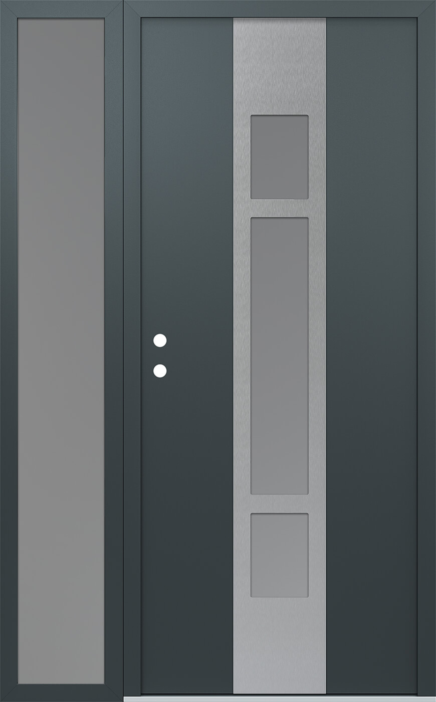 Modern Steel Front Door DIAMOND A9 52" X 80" ANTHRACITE/ANTHRACITE FROSTED GLASS PANEL STAINLESS STEEL RHI WITH SIDELITE FROSTED GLASS