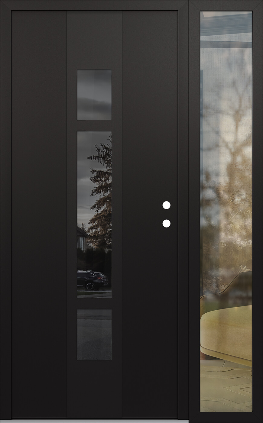 Modern Steel Front Door DIAMOND A9 52" X 80" BLACK/BLACK MIRRORED GLASS PANEL BLACK LHI WITH SIDELITE CLEAR GLASS