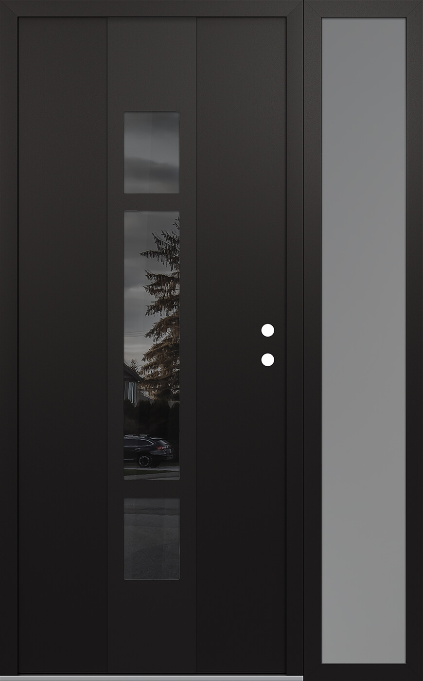 Modern Steel Front Door DIAMOND A9 52" X 80" BLACK/BLACK MIRRORED GLASS PANEL BLACK LHI WITH SIDELITE FROSTED GLASS