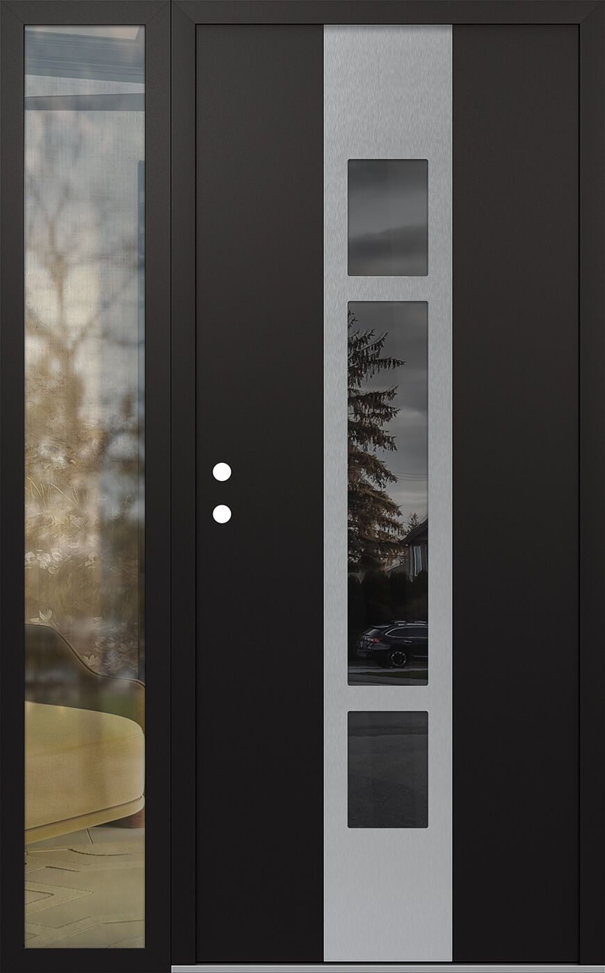 Modern Steel Front Door DIAMOND A9 52" X 80" BLACK/BLACK MIRRORED GLASS PANEL STAINLESS STEEL RHI WITH SIDELITE CLEAR GLASS