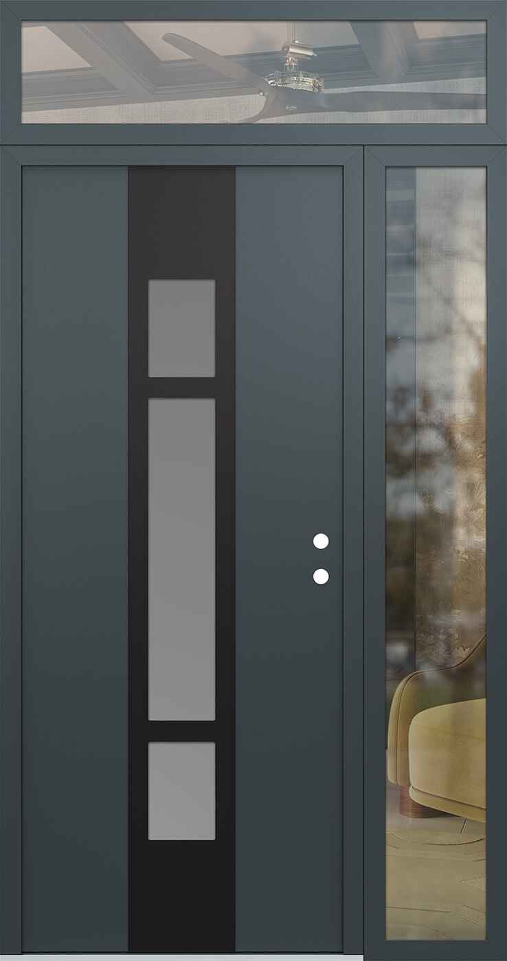Modern Steel Front Door DIAMOND A9 52" X 96" ANTHRACITE/ANTHRACITE FROSTED GLASS PANEL BLACK LHI WITH SIDELITE AND TRANSOM CLEAR GLASS