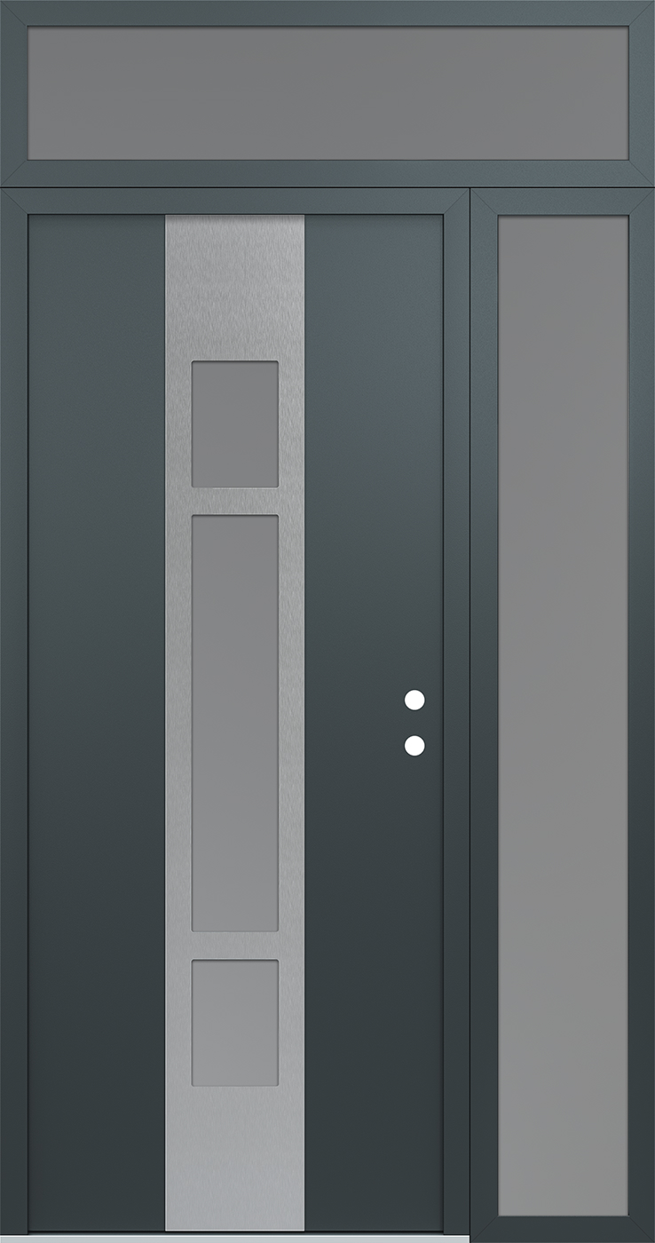 Modern Steel Front Door DIAMOND A9 52" X 96" ANTHRACITE/ANTHRACITE FROSTED GLASS PANEL STAINLESS STEEL LHI WITH SIDELITE AND TRANSOM FROSTED GLASS