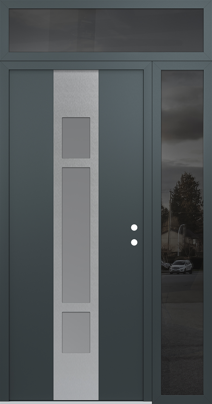 Modern Steel Front Door DIAMOND A9 52" X 96" ANTHRACITE/ANTHRACITE FROSTED GLASS PANEL STAINLESS STEEL LHI WITH SIDELITE AND TRANSOM MIRRORED GLASS