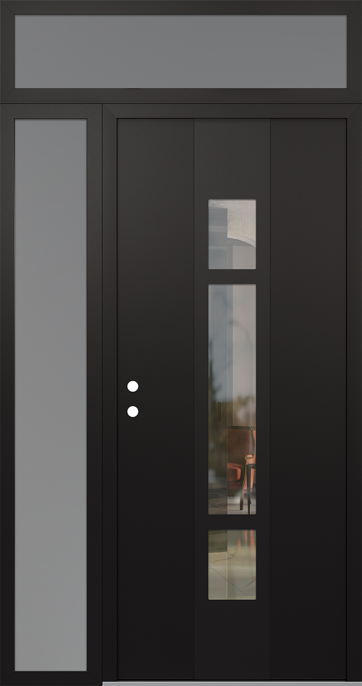 Modern Steel Front Door DIAMOND A9 52" X 96" BLACK/BLACK CLEAR GLASS PANEL BLACK RHI WITH SIDELITE AND TRANSOM FROSTED GLASS