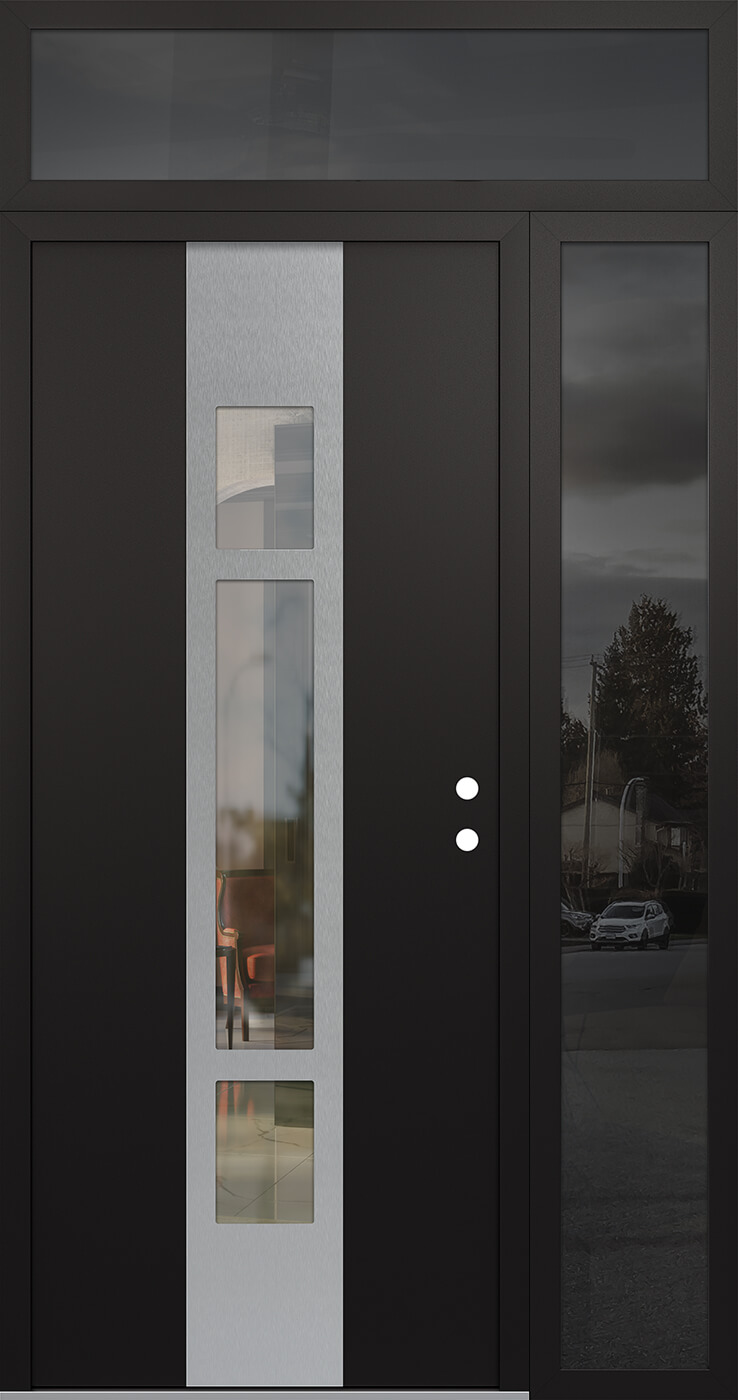Modern Steel Front Door DIAMOND A9 52" X 96" BLACK/BLACK CLEAR GLASS PANEL STAINLESS STEEL LHI WITH SIDELITE AND TRANSOM MIRRORED GLASS