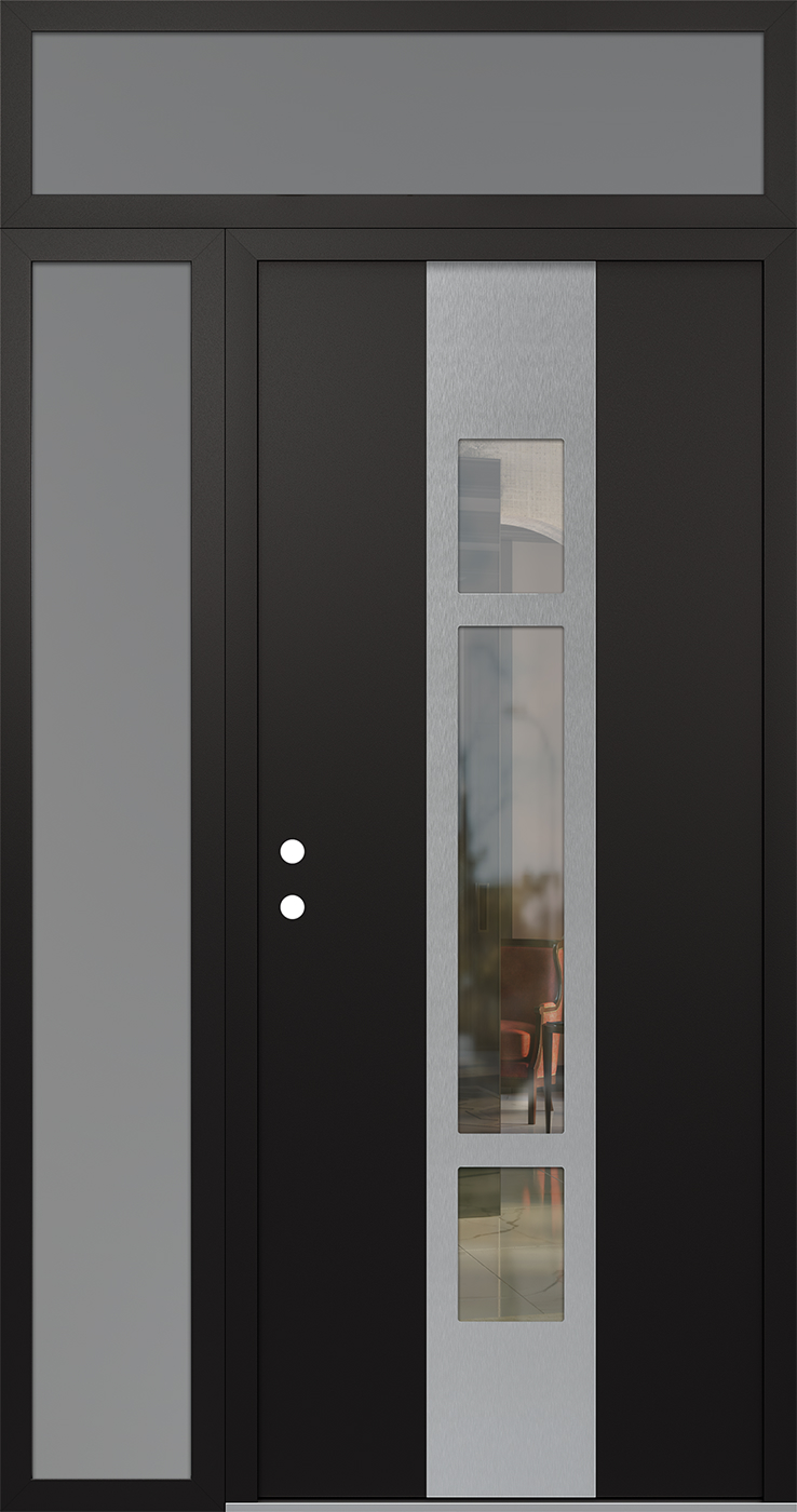Modern Steel Front Door DIAMOND A9 52" X 96" BLACK/BLACK CLEAR GLASS PANEL STAINLESS STEEL RHI WITH SIDELITE AND TRANSOM FROSTED GLASS