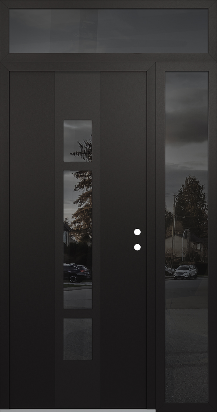 Modern Steel Front Door DIAMOND A9 52" X 96" BLACK/BLACK MIRRORED GLASS PANEL BLACK LHI WITH SIDELITE AND TRANSOM MIRRORED GLASS