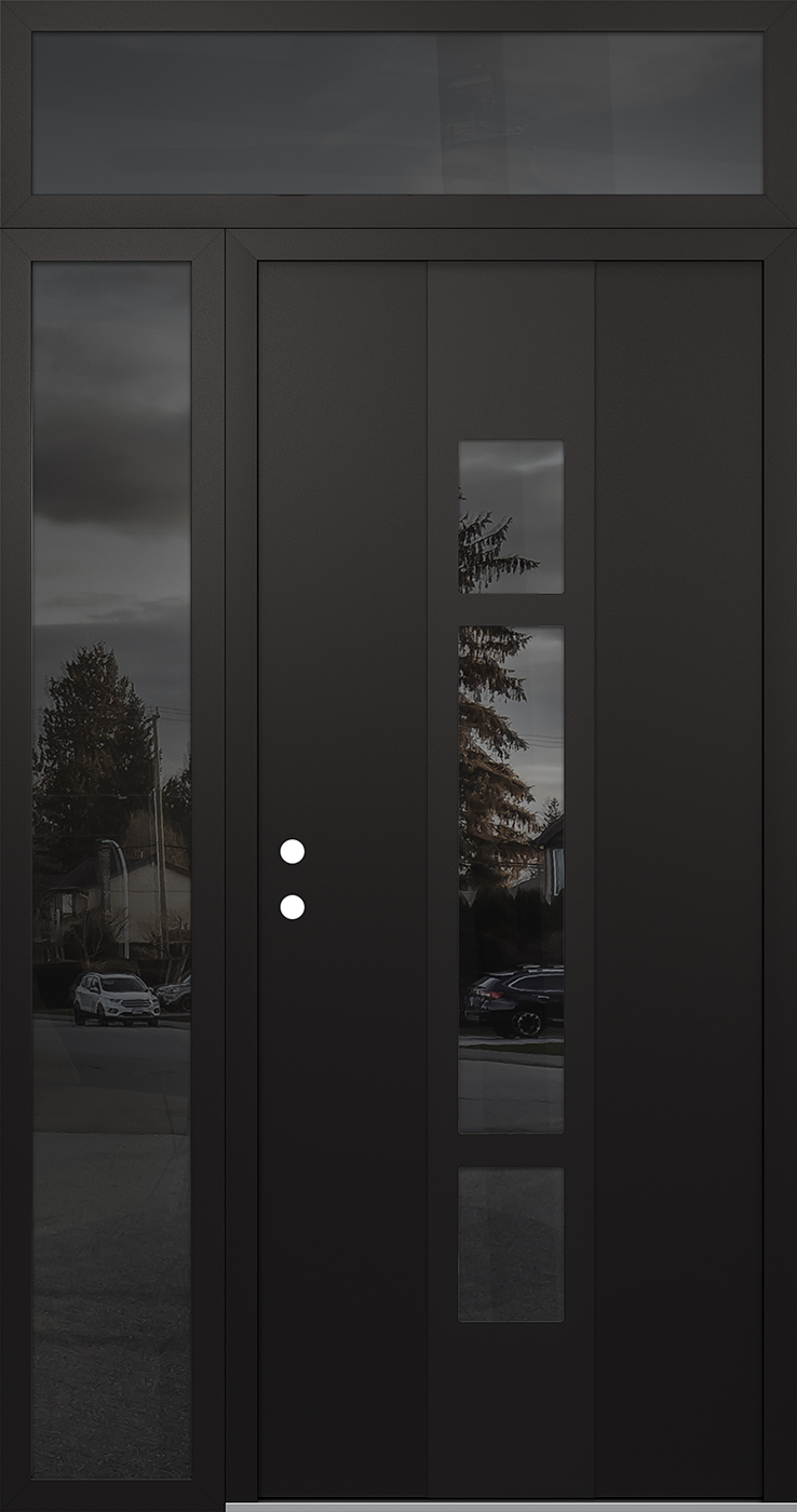 Modern Steel Front Door DIAMOND A9 52" X 96" BLACK/BLACK MIRRORED GLASS PANEL BLACK RHI WITH SIDELITE AND TRANSOM MIRRORED GLASS