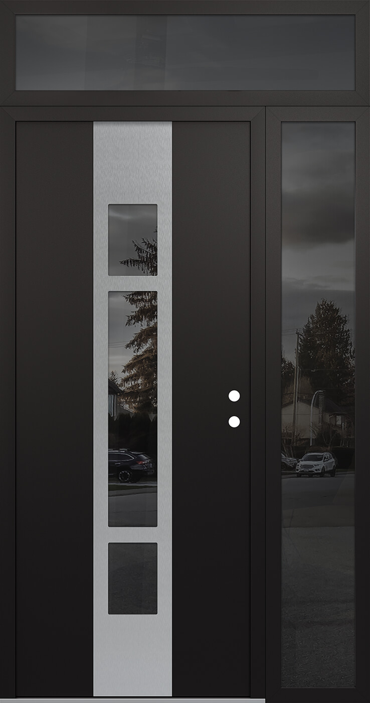 Modern Steel Front Door DIAMOND A9 52" X 96" BLACK/BLACK MIRRORED GLASS PANEL STAINLESS STEEL LHI WITH SIDELITE AND TRANSOM MIRRORED GLASS
