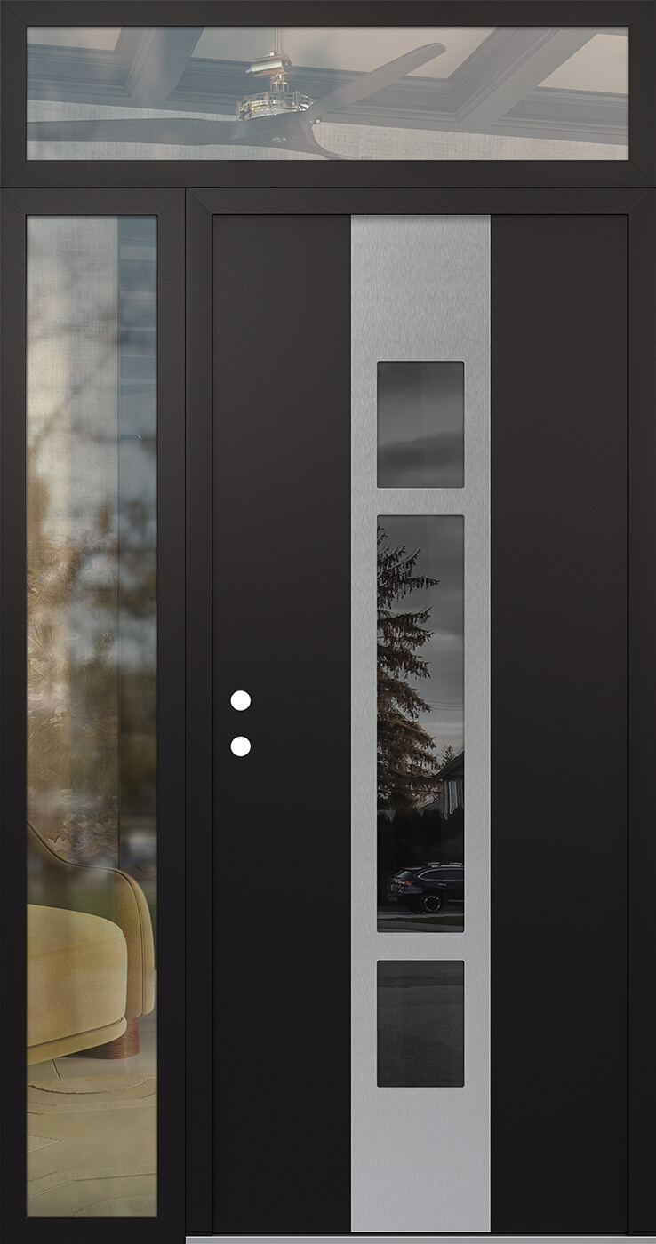 Modern Steel Front Door DIAMOND A9 52" X 96" BLACK/BLACK MIRRORED GLASS PANEL STAINLESS STEEL RHI WITH SIDELITE AND TRANSOM CLEAR GLASS