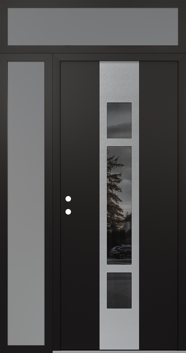 Modern Steel Front Door DIAMOND A9 52" X 96" BLACK/BLACK MIRRORED GLASS PANEL STAINLESS STEEL RHI WITH SIDELITE AND TRANSOM FROSTED GLASS