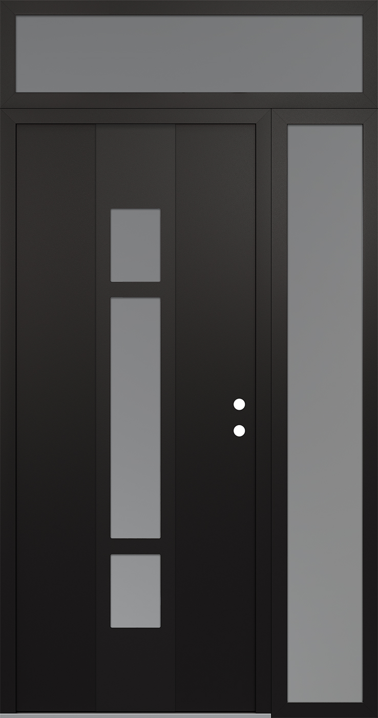 Modern Steel Front Door DIAMOND A9 52" X 96" BLACK/WHITE FROSTED GLASS PANEL BLACK LHI WITH SIDELITE AND TRANSOM FROSTED GLASS