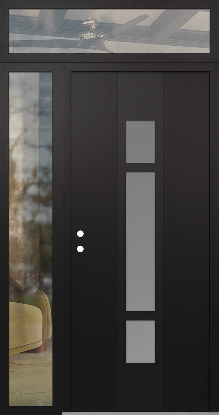 Modern Steel Front Door DIAMOND A9 52" X 96" BLACK/WHITE FROSTED GLASS PANEL BLACK RHI WITH SIDELITE AND TRANSOM CLEAR GLASS