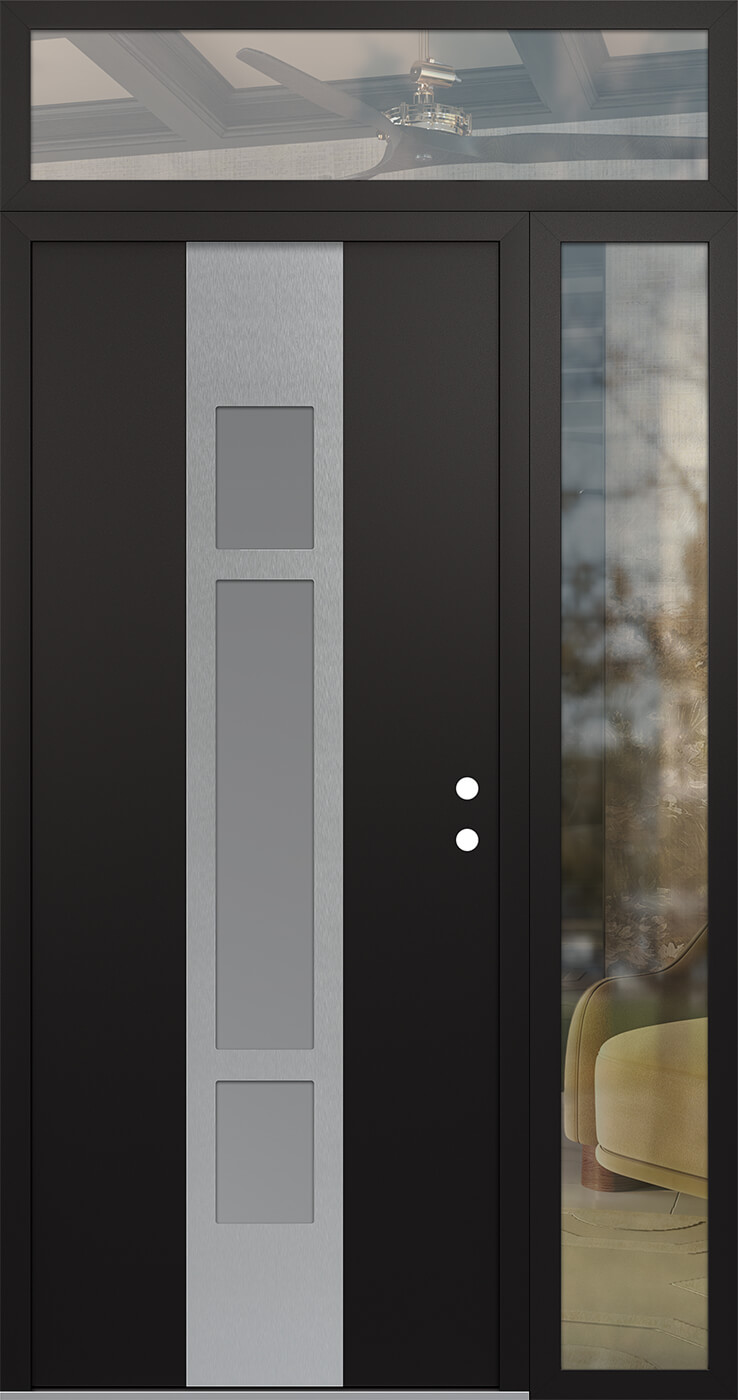 Modern Steel Front Door DIAMOND A9 52" X 96" BLACK/WHITE FROSTED GLASS PANEL STAINLESS STEEL LHI WITH SIDELITE AND TRANSOM CLEAR GLASS