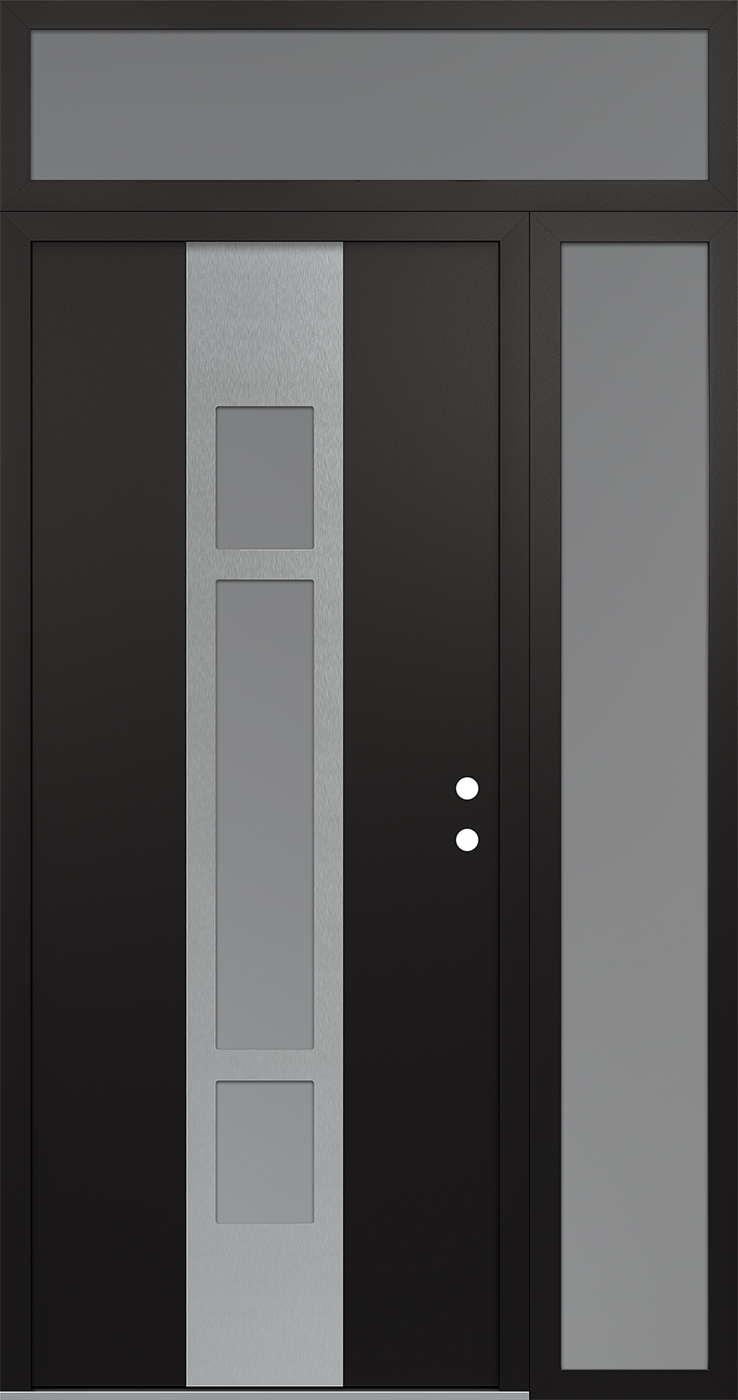 Modern Steel Front Door DIAMOND A9 52" X 96" BLACK/WHITE FROSTED GLASS PANEL STAINLESS STEEL LHI WITH SIDELITE AND TRANSOM FROSTED GLASS