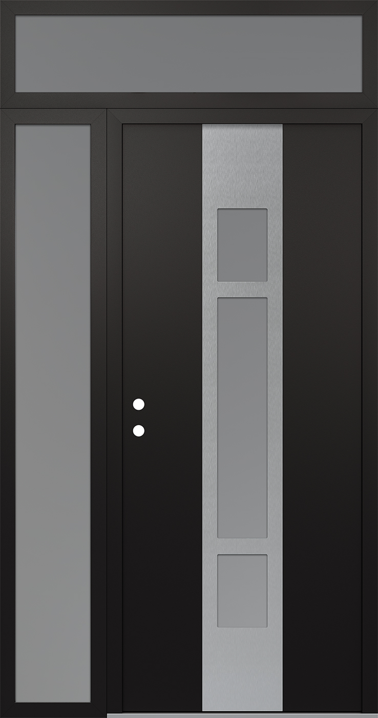 Modern Steel Front Door DIAMOND A9 52" X 96" BLACK/WHITE FROSTED GLASS PANEL STAINLESS STEEL RHI WITH SIDELITE AND TRANSOM FROSTED GLASS
