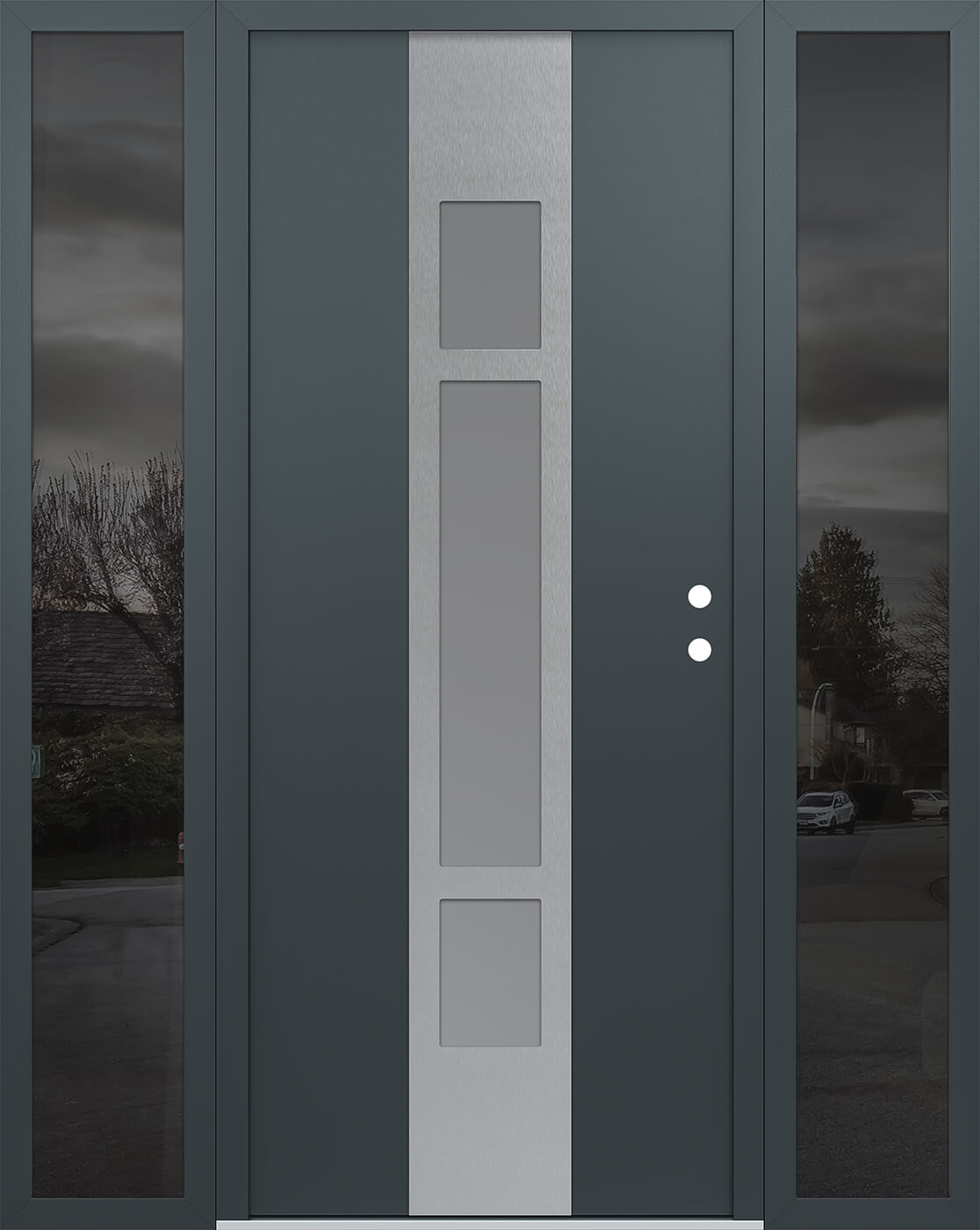 Modern Steel Front Door DIAMOND A9 60" X 80" ANTHRACITE/ANTHRACITE FROSTED GLASS PANEL STAINLESS STEEL LHI WITH 2 SIDELITES MIRRORED GLASS