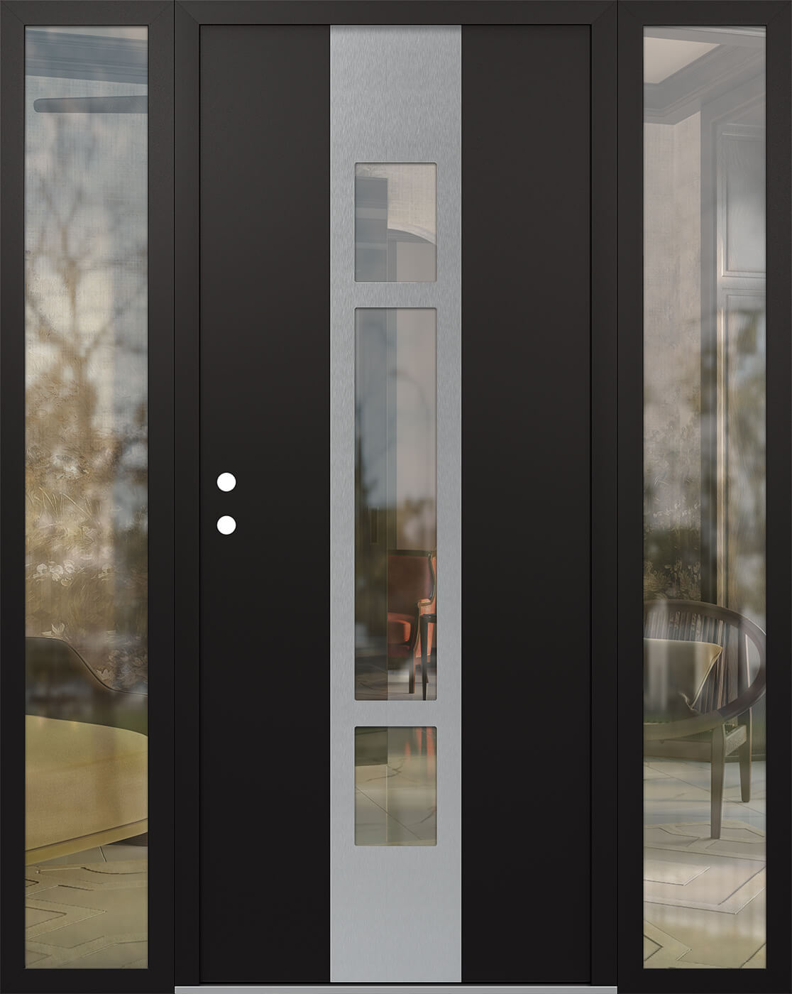 Modern Steel Front Door DIAMOND A9 60" X 80" BLACK/BLACK CLEAR GLASS PANEL STAINLESS STEEL RHI WITH 2 SIDELITES CLEAR GLASS