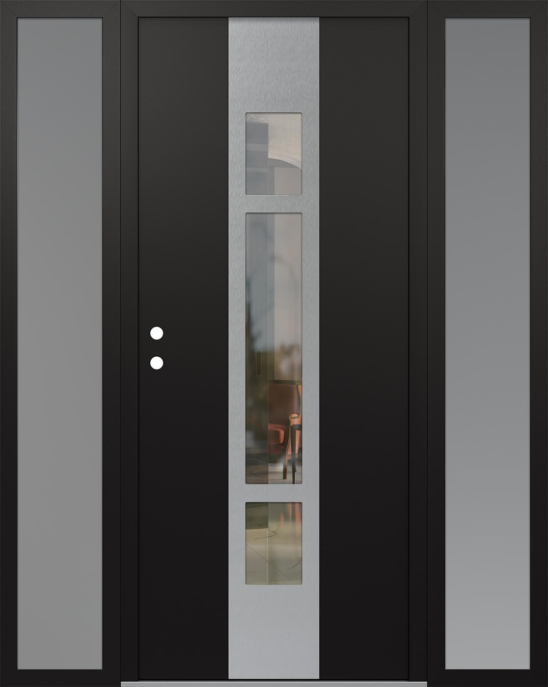 Modern Steel Front Door DIAMOND A9 60" X 80" BLACK/BLACK CLEAR GLASS PANEL STAINLESS STEEL RHI WITH 2 SIDELITES FROSTED GLASS