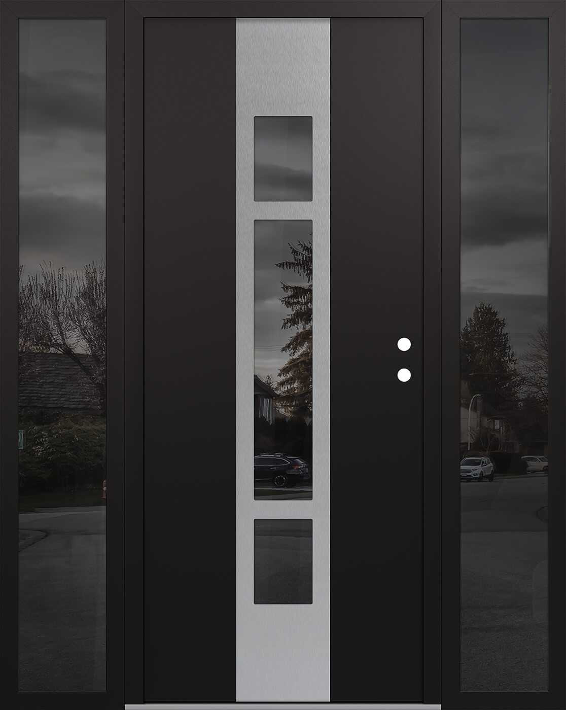 Modern Steel Front Door DIAMOND A9 60" X 80" BLACK/BLACK MIRRORED GLASS PANEL STAINLESS STEEL LHI WITH 2 SIDELITES MIRRORED GLASS