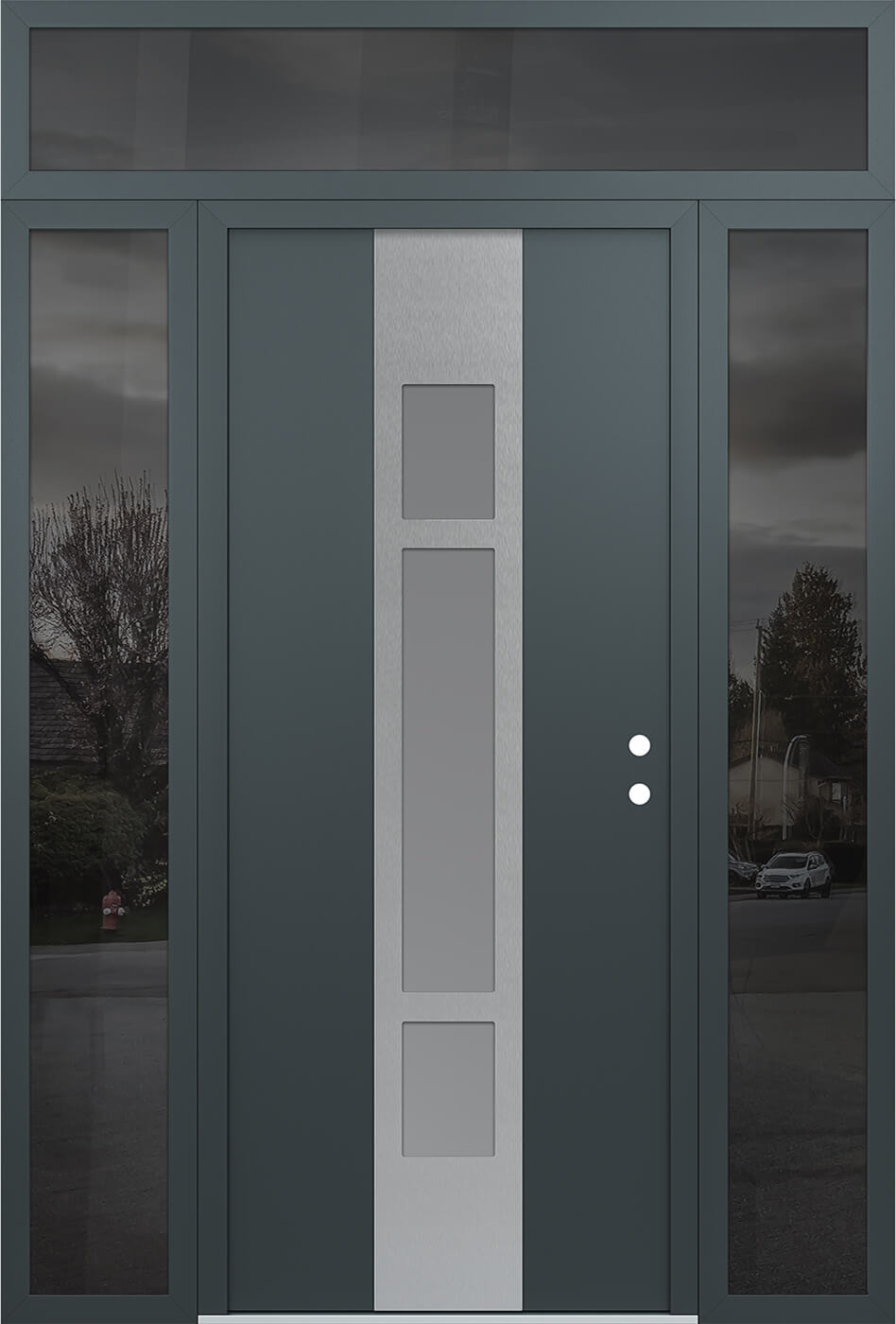 Modern Steel Front Door DIAMOND A9 60" X 96" ANTHRACITE/ANTHRACITE FROSTED GLASS PANEL STAINLESS STEEL LHI WITH 2 SIDELITES AND TRANSOM MIRRORED GLASS