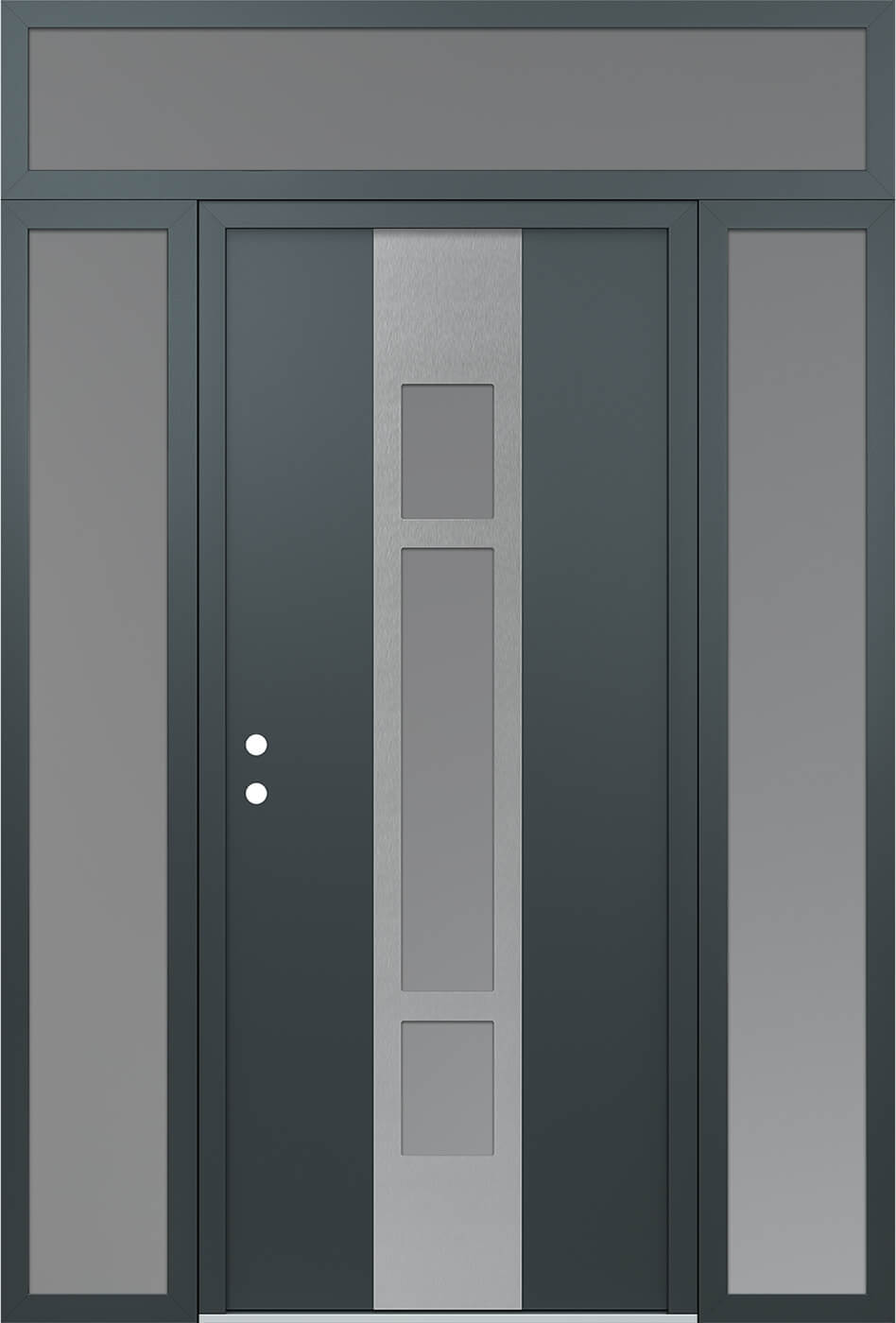 Modern Steel Front Door DIAMOND A9 60" X 96" ANTHRACITE/ANTHRACITE FROSTED GLASS PANEL STAINLESS STEEL RHI WITH 2 SIDELITES AND TRANSOM FROSTED GLASS