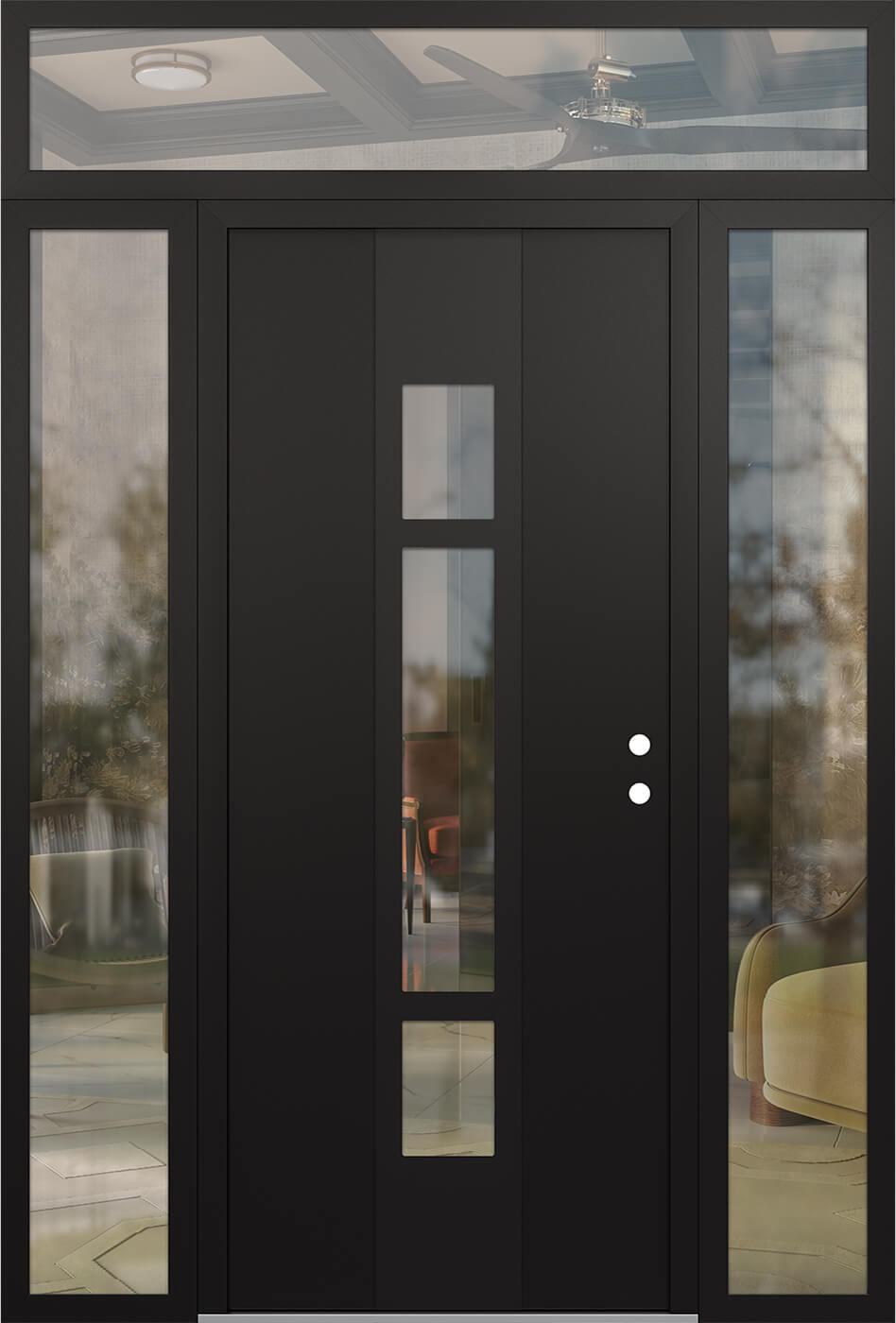 Modern Steel Front Door DIAMOND A9 60" X 96" BLACK/BLACK CLEAR GLASS PANEL BLACK LHI WITH 2 SIDELITES AND TRANSOM CLEAR GLASS
