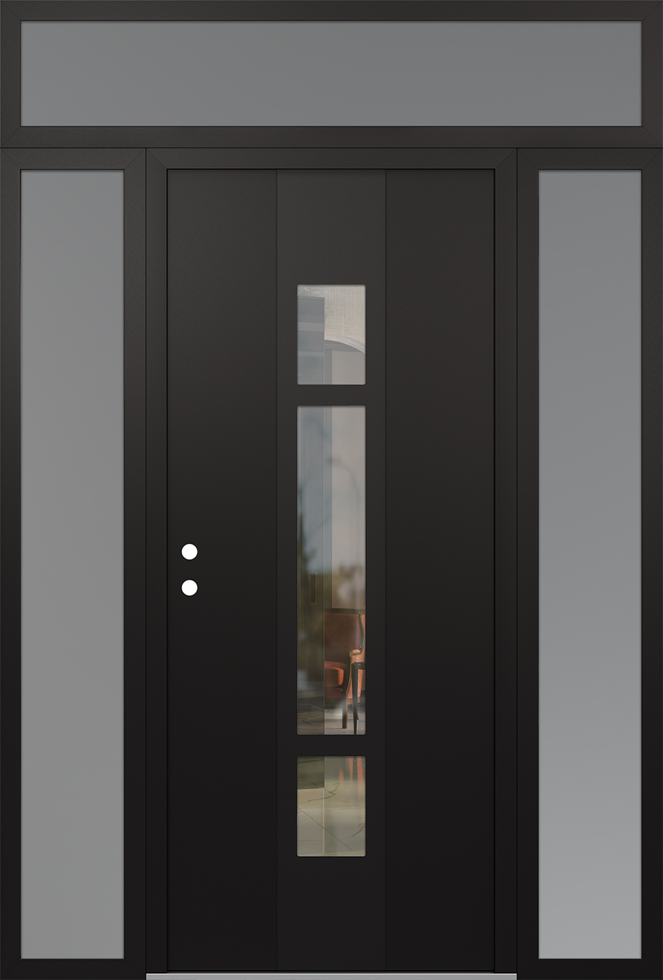 Modern Steel Front Door DIAMOND A9 60" X 96" BLACK/BLACK CLEAR GLASS PANEL BLACK RHI WITH 2 SIDELITES AND TRANSOM FROSTED GLASS