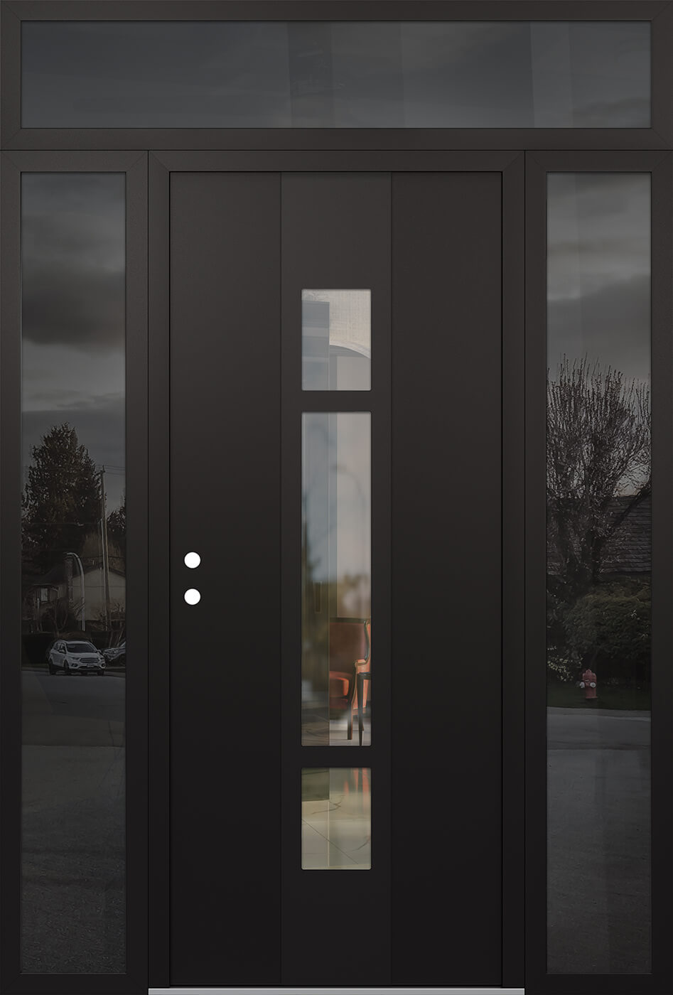 Modern Steel Front Door DIAMOND A9 60" X 96" BLACK/BLACK CLEAR GLASS PANEL BLACK RHI WITH 2 SIDELITES AND TRANSOM MIRRORED GLASS