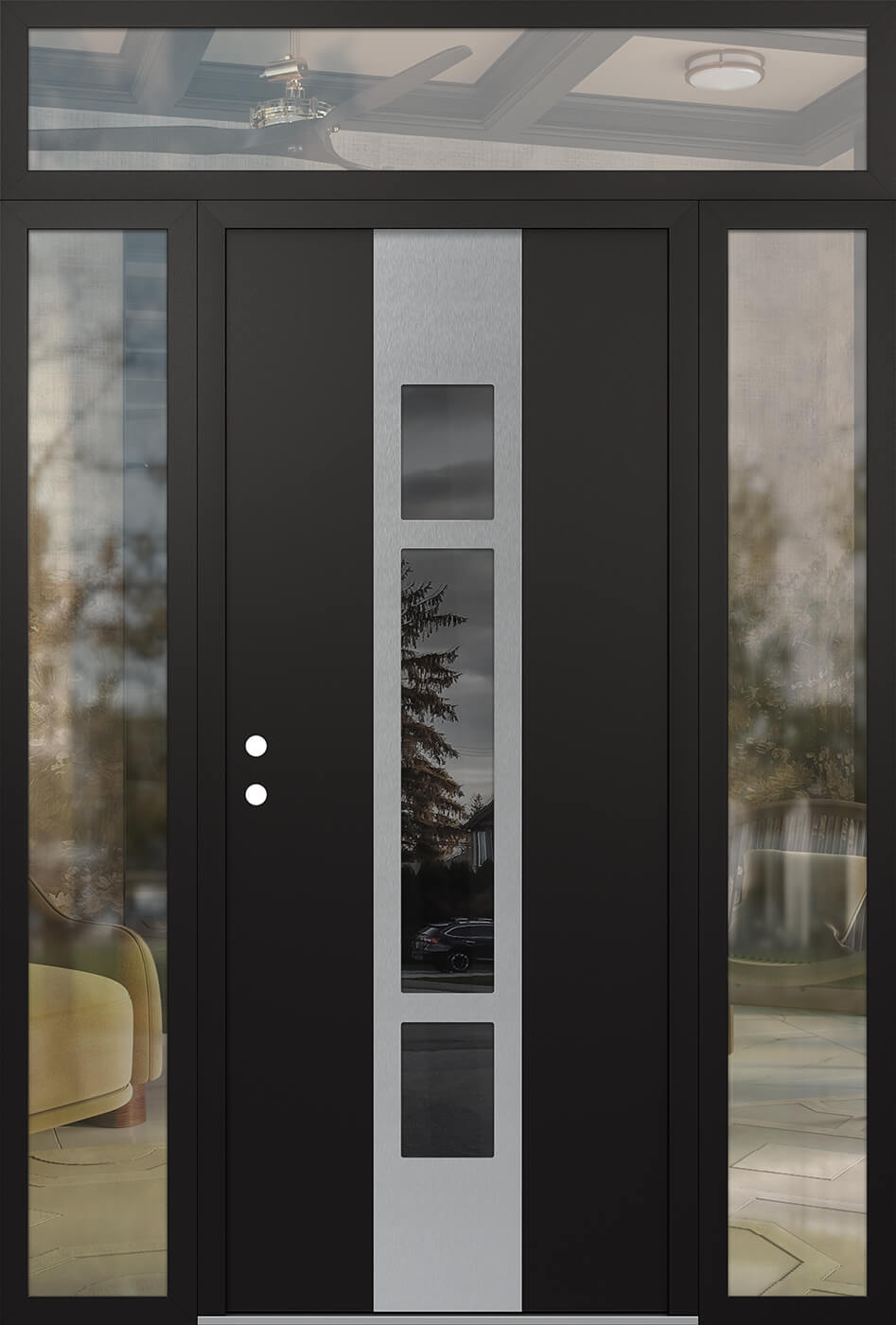 Modern Steel Front Door DIAMOND A9 60" X 96" BLACK/BLACK MIRRORED GLASS PANEL STAINLESS STEEL RHI WITH 2 SIDELITES AND TRANSOM CLEAR GLASS