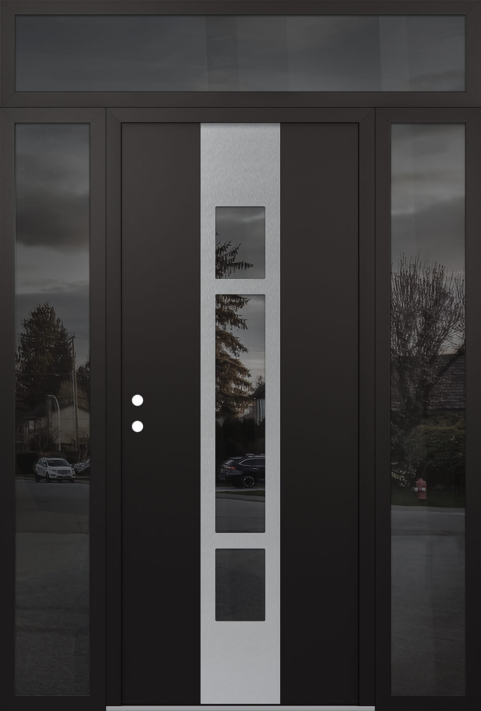 Modern Steel Front Door DIAMOND A9 60" X 96" BLACK/BLACK MIRRORED GLASS PANEL STAINLESS STEEL RHI WITH 2 SIDELITES AND TRANSOM MIRRORED GLASS