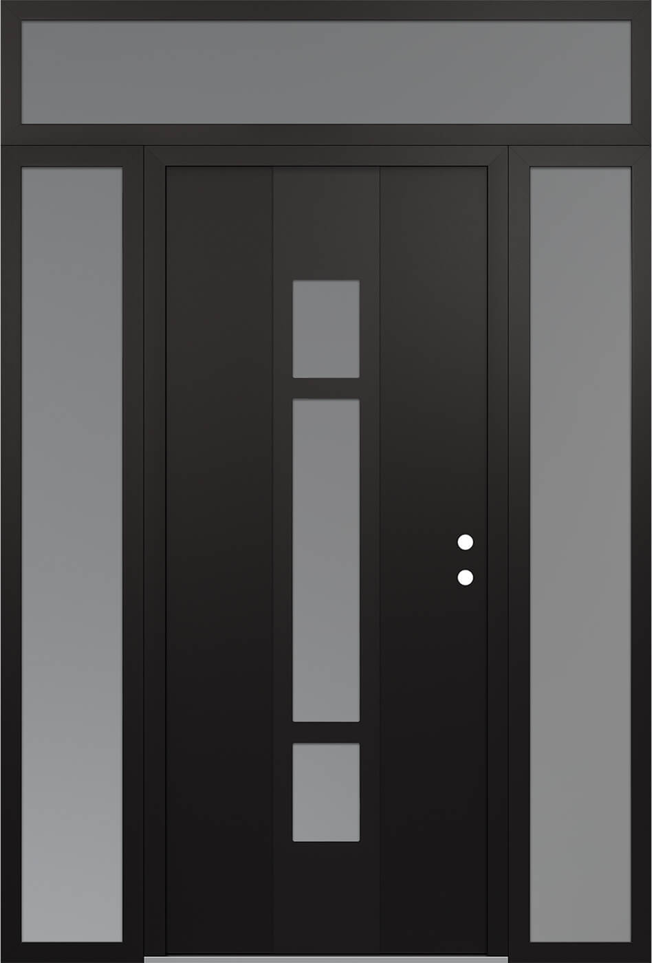 Modern Steel Front Door DIAMOND A9 60" X 96" BLACK/WHITE FROSTED GLASS PANEL BLACK LHI WITH 2 SIDELITES AND TRANSOM FROSTED GLASS