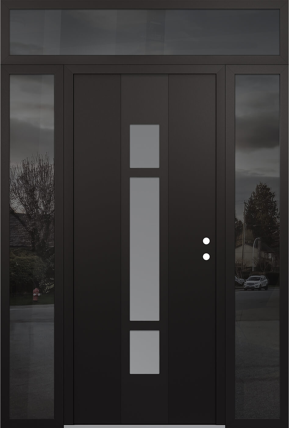 Modern Steel Front Door DIAMOND A9 60" X 96" BLACK/WHITE FROSTED GLASS PANEL BLACK LHI WITH 2 SIDELITES AND TRANSOM MIRRORED GLASS