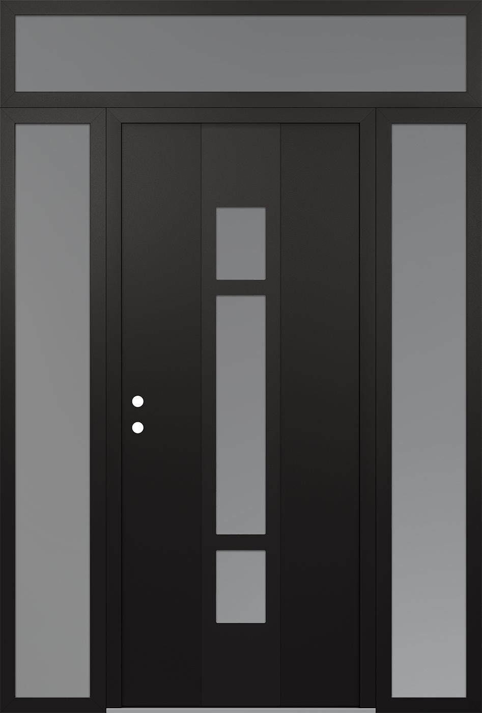 Modern Steel Front Door DIAMOND A9 60" X 96" BLACK/WHITE FROSTED GLASS PANEL BLACK RHI WITH 2 SIDELITES AND TRANSOM FROSTED GLASS