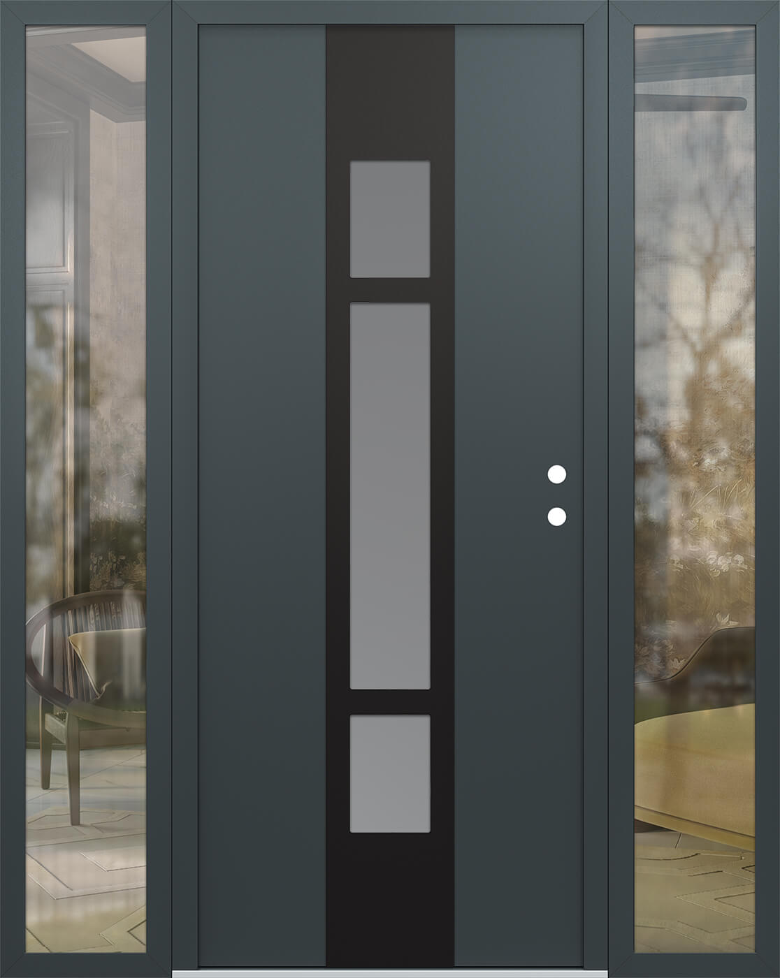 Modern Steel Front Door DIAMOND A9 64" X 80" ANTHRACITE/ANTHRACITE FROSTED GLASS PANEL BLACK LHI WITH 2 SIDELITES CLEAR GLASS