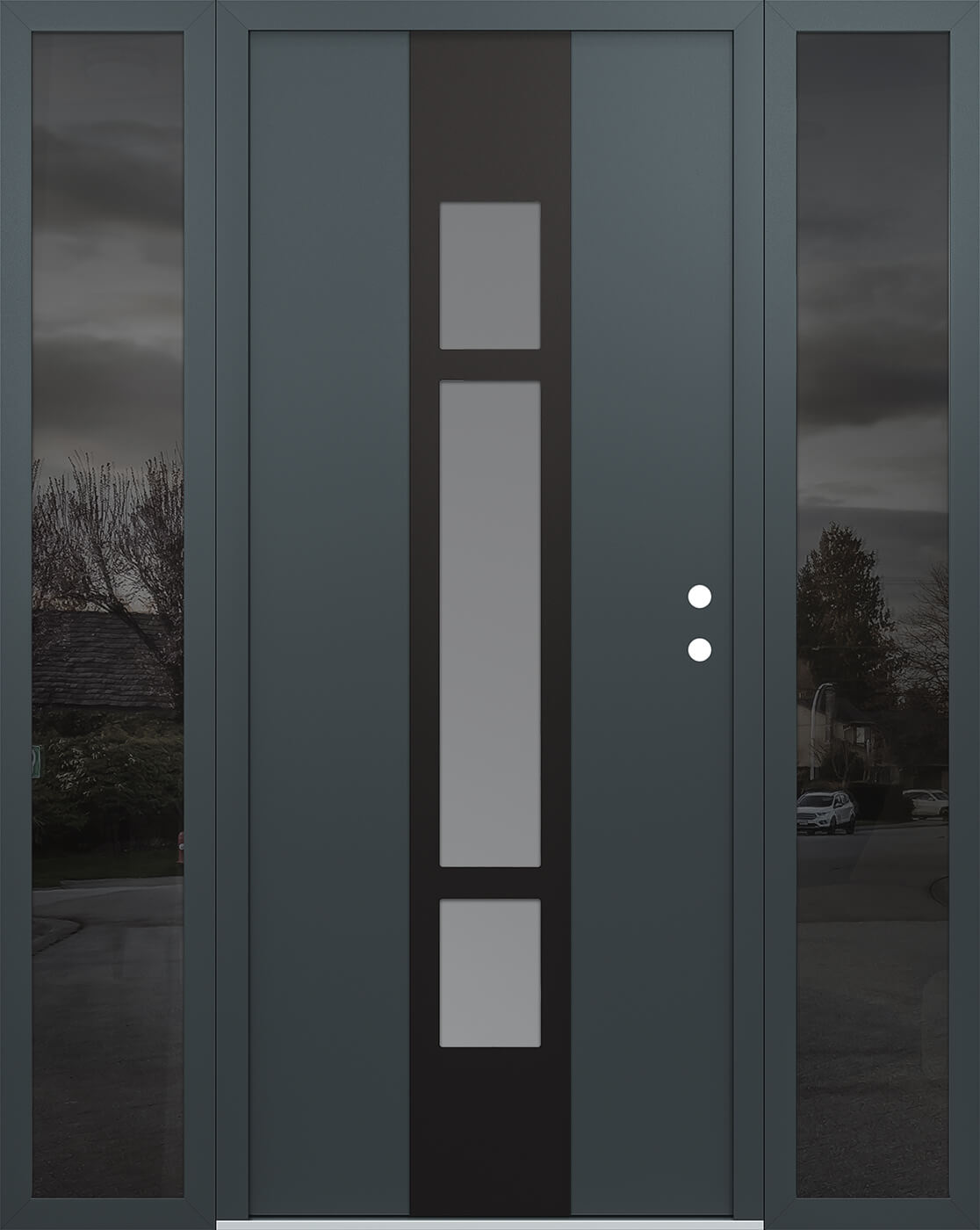 Modern Steel Front Door DIAMOND A9 64" X 80" ANTHRACITE/ANTHRACITE FROSTED GLASS PANEL BLACK LHI WITH 2 SIDELITES MIRRORED GLASS
