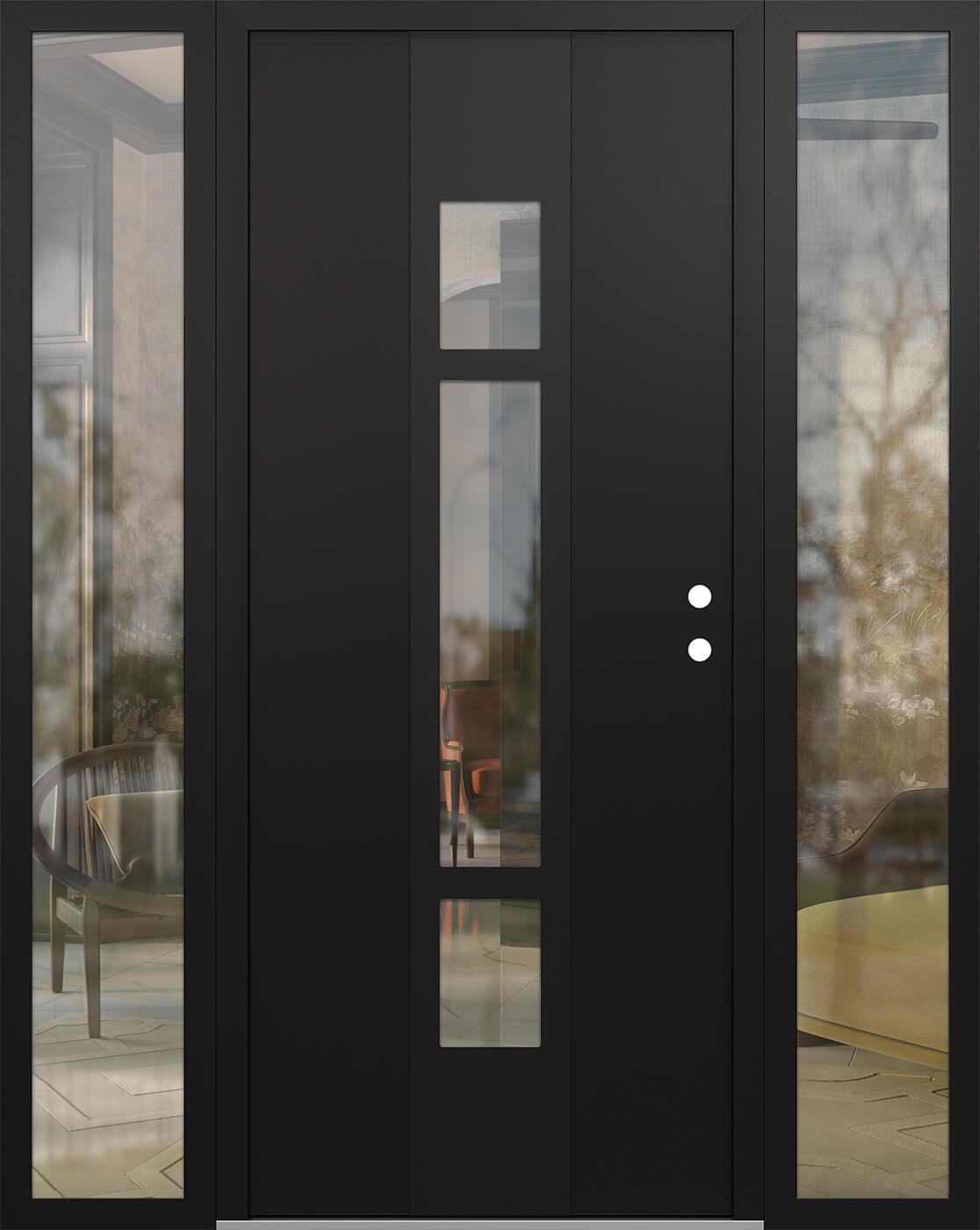 Modern Steel Front Door DIAMOND A9 64" X 80" BLACK/BLACK CLEAR GLASS PANEL BLACK LHI WITH 2 SIDELITES CLEAR GLASS