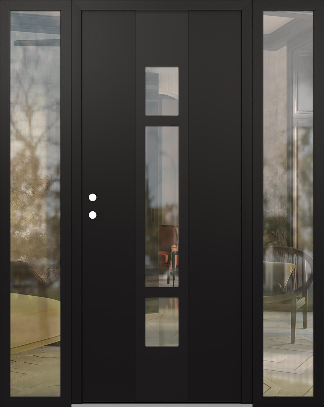 Modern Steel Front Door DIAMOND A9 64" X 80" BLACK/BLACK CLEAR GLASS PANEL BLACK RHI WITH 2 SIDELITES CLEAR GLASS