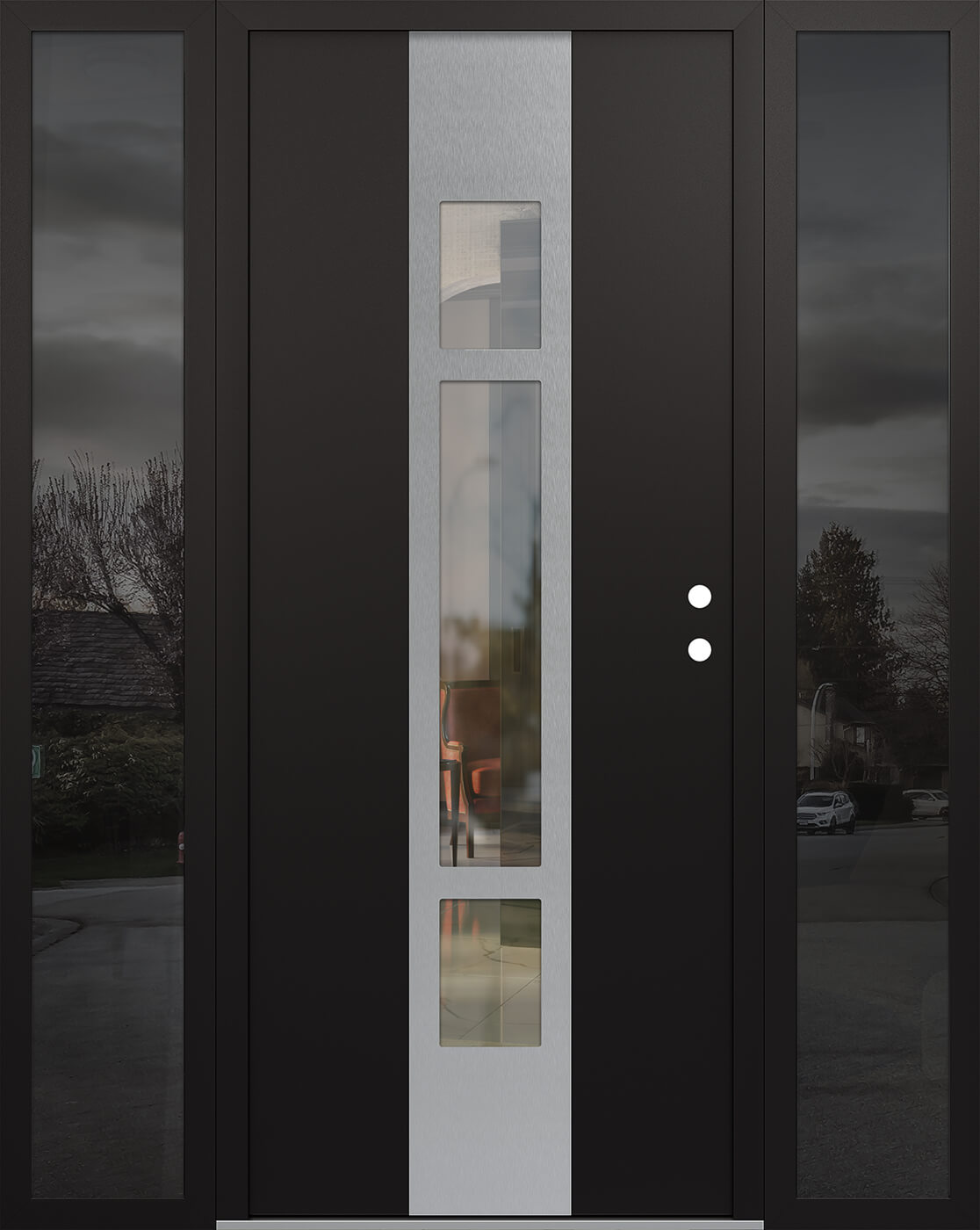 Modern Steel Front Door DIAMOND A9 64" X 80" BLACK/BLACK CLEAR GLASS PANEL STAINLESS STEEL LHI WITH 2 SIDELITES MIRRORED GLASS