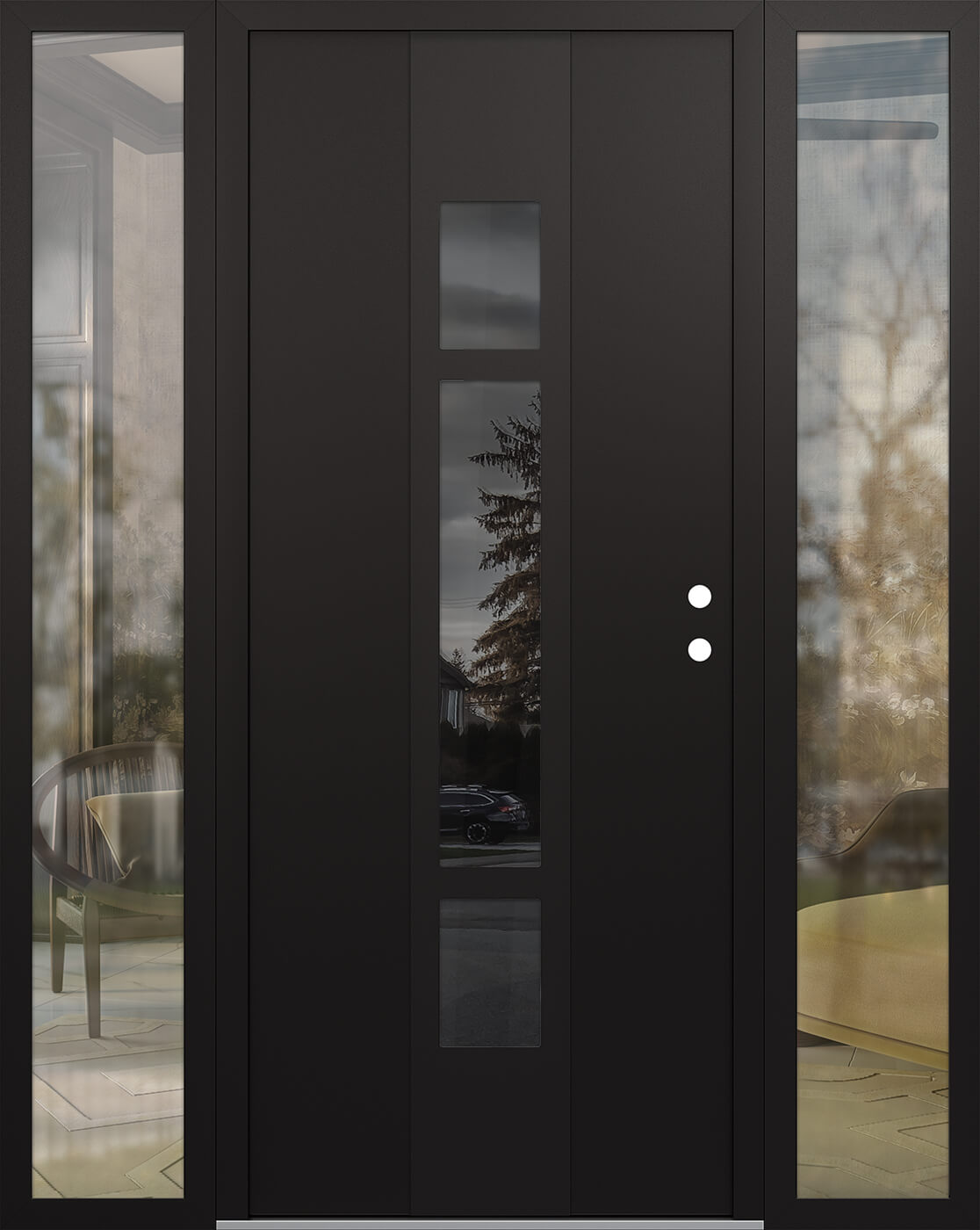Modern Steel Front Door DIAMOND A9 64" X 80" BLACK/BLACK MIRRORED GLASS PANEL BLACK LHI WITH 2 SIDELITES CLEAR GLASS