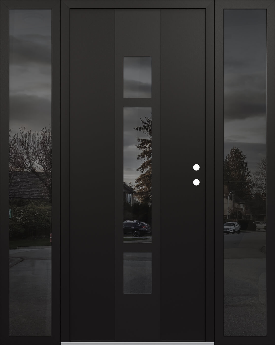 Modern Steel Front Door DIAMOND A9 64" X 80" BLACK/BLACK MIRRORED GLASS PANEL BLACK LHI WITH 2 SIDELITES MIRRORED GLASS
