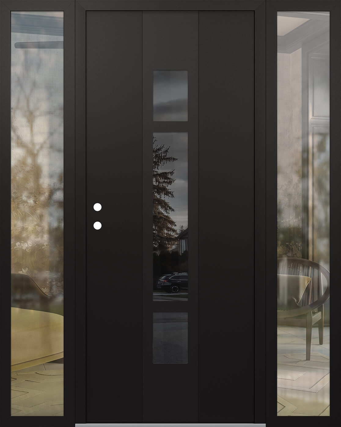Modern Steel Front Door DIAMOND A9 64" X 80" BLACK/BLACK MIRRORED GLASS PANEL BLACK RHI WITH 2 SIDELITES CLEAR GLASS