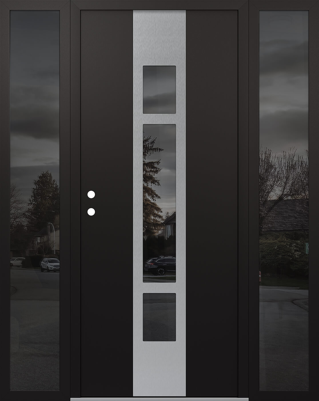 Modern Steel Front Door DIAMOND A9 64" X 80" BLACK/BLACK MIRRORED GLASS PANEL STAINLESS STEEL RHI WITH 2 SIDELITES MIRRORED GLASS